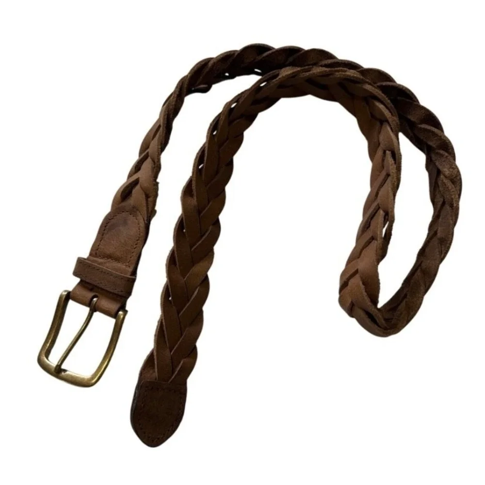 Braided Genuine Leather Belt Unisex 34 Brown Brass Western Boho Woven Vintage